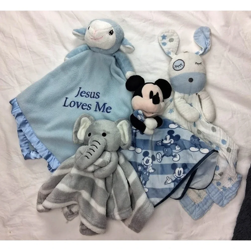 8pc Baby Boy Security Blanket Lot Lovey Bear Mickey Blue Soother Elephant
